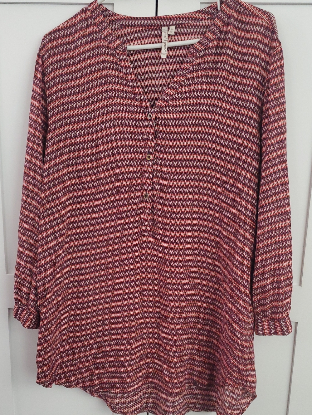 Striped Button Henley Tunic in Red, Navy & Cream.   100% Rayon